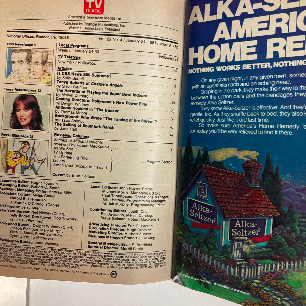 Interior view of TV Guide Magazine January 24 1981 #1452, displaying articles and features including coverage of Super Bowl '81, capturing the essence of early 80s television culture.