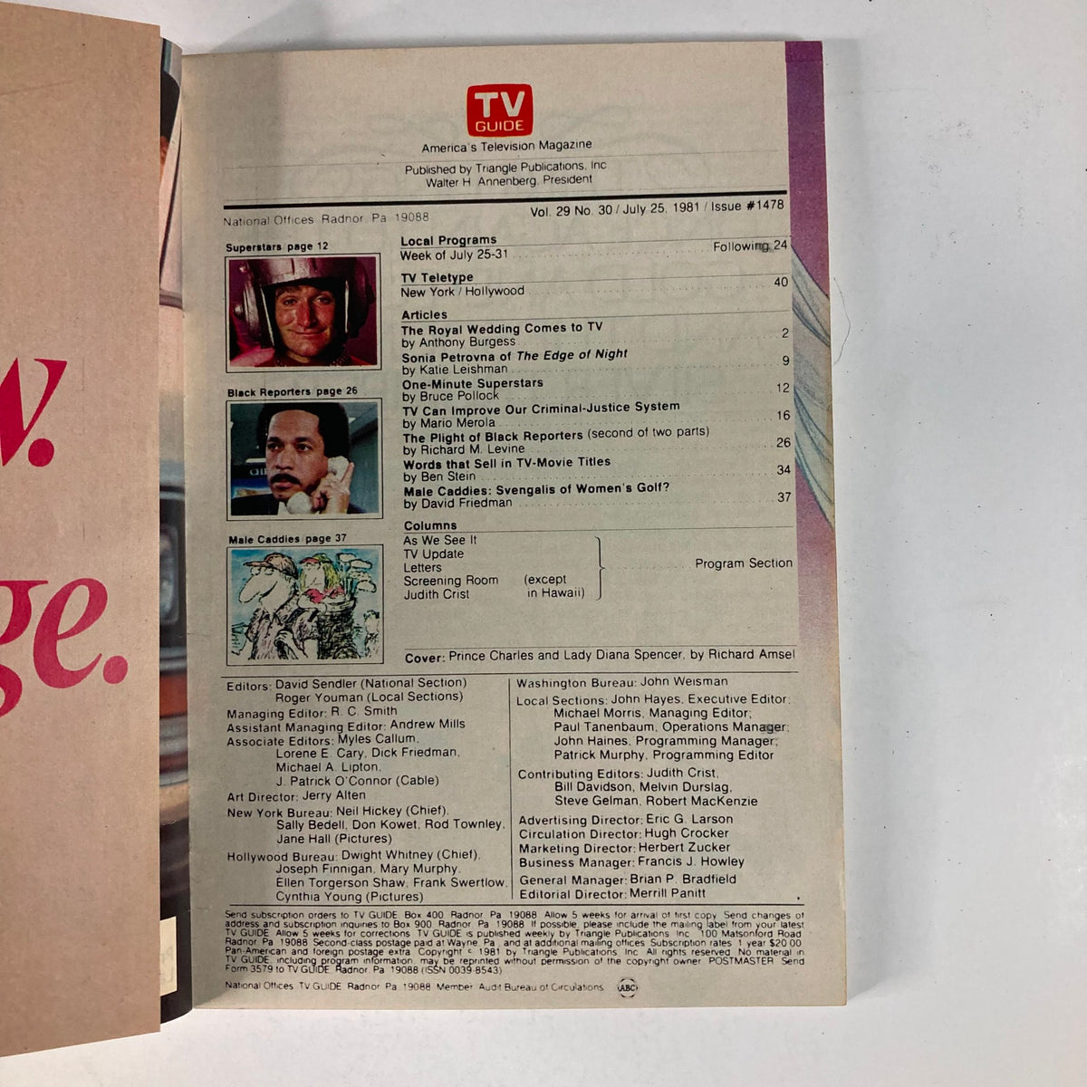 Interior page of TV Guide Magazine July 25 1981, issue #1478 showing the table of contents and featuring articles including 'The Royal Wedding Comes to TV'.