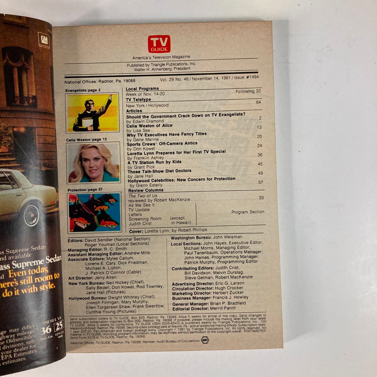 Inside page of TV Guide Magazine November 14, 1981, showcasing the table of contents and articles including a feature on Loretta Lynn's TV special.