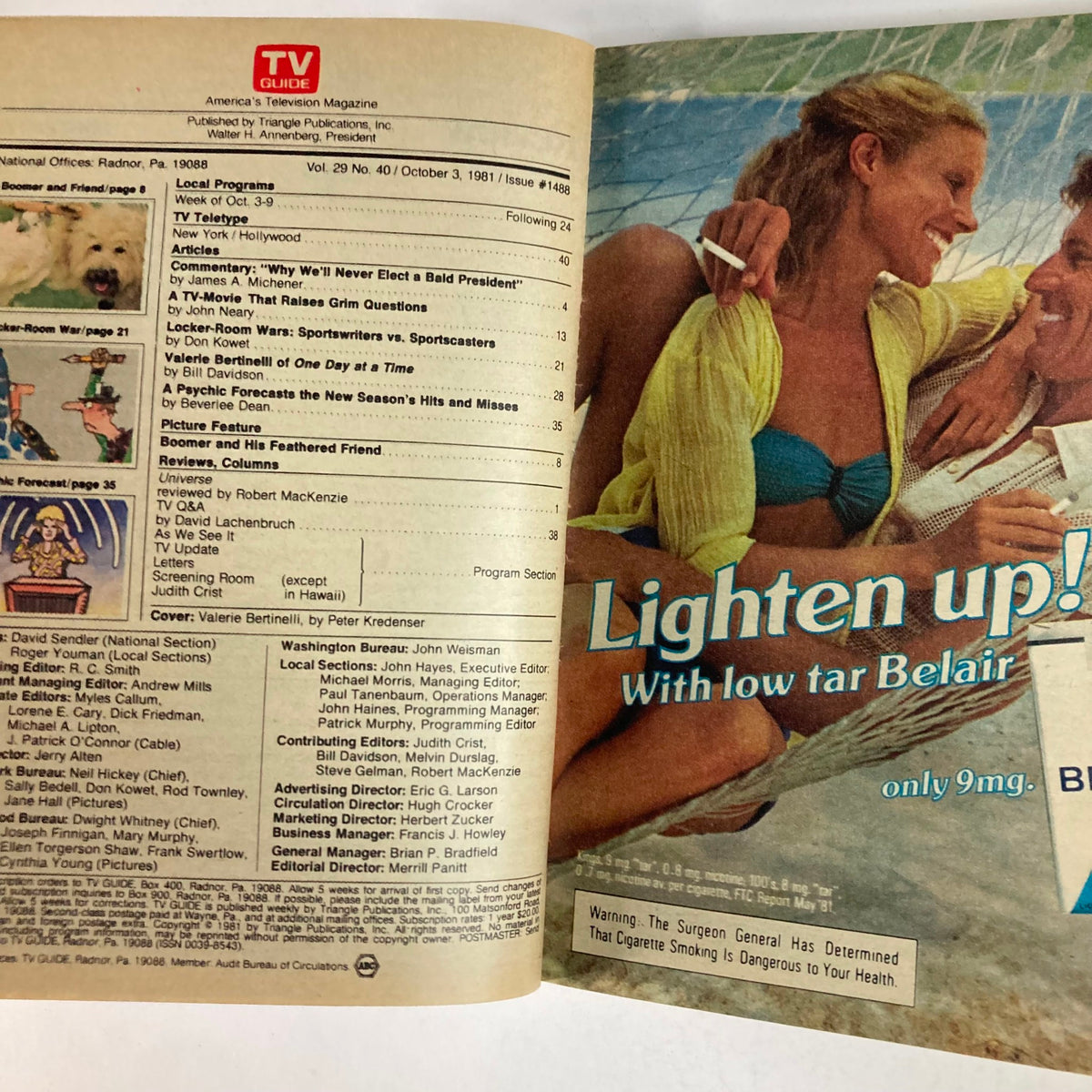 Inside pages of TV Guide Magazine October 3, 1981 issue #1488, showcasing the table of contents with features like 'Why We'll Never Elect a Bald President' and program schedules for the week.