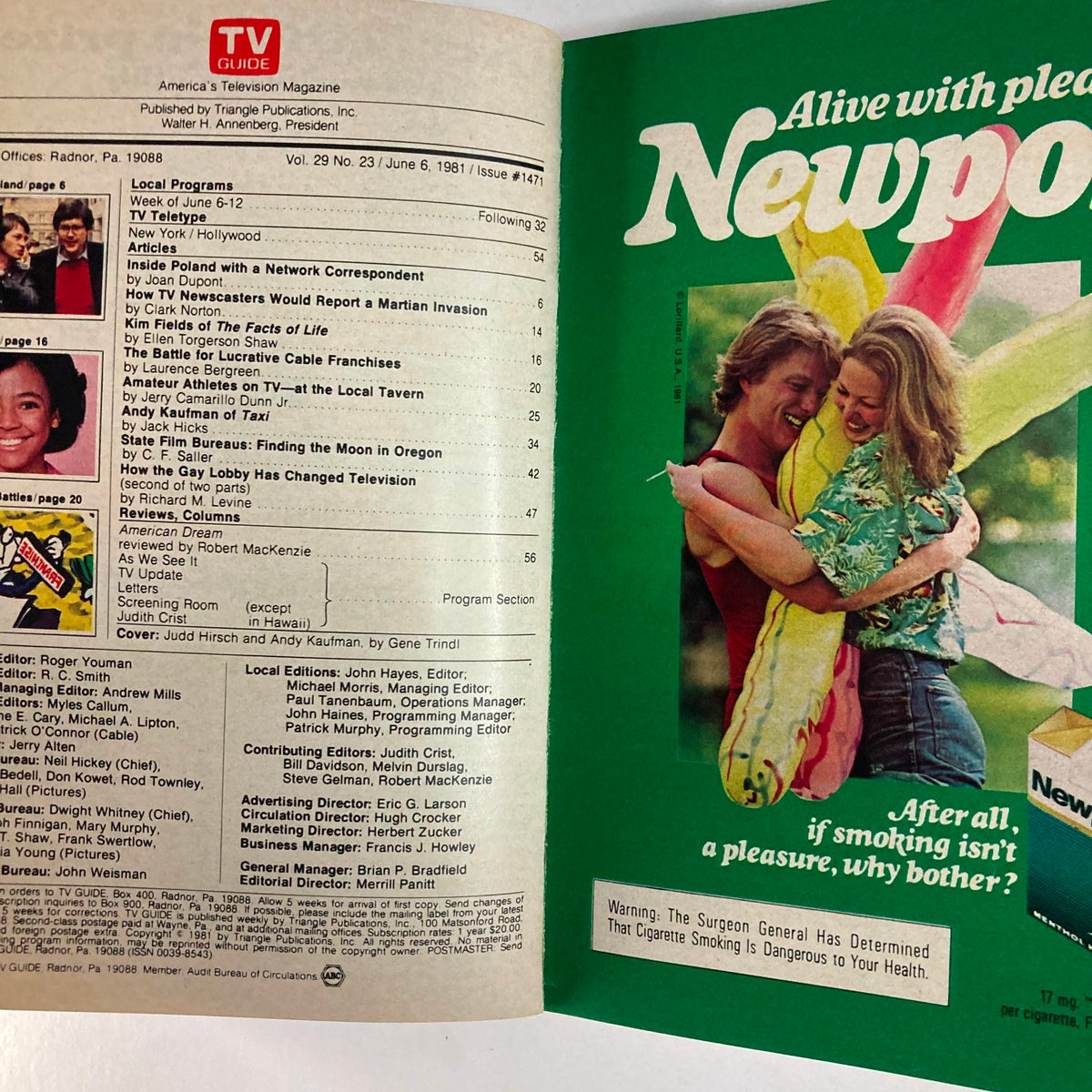 Interior page of TV Guide Magazine June 6, 1981, issue number #1471, displaying local programs and articles, highlighting popular television shows and trends of the era.
