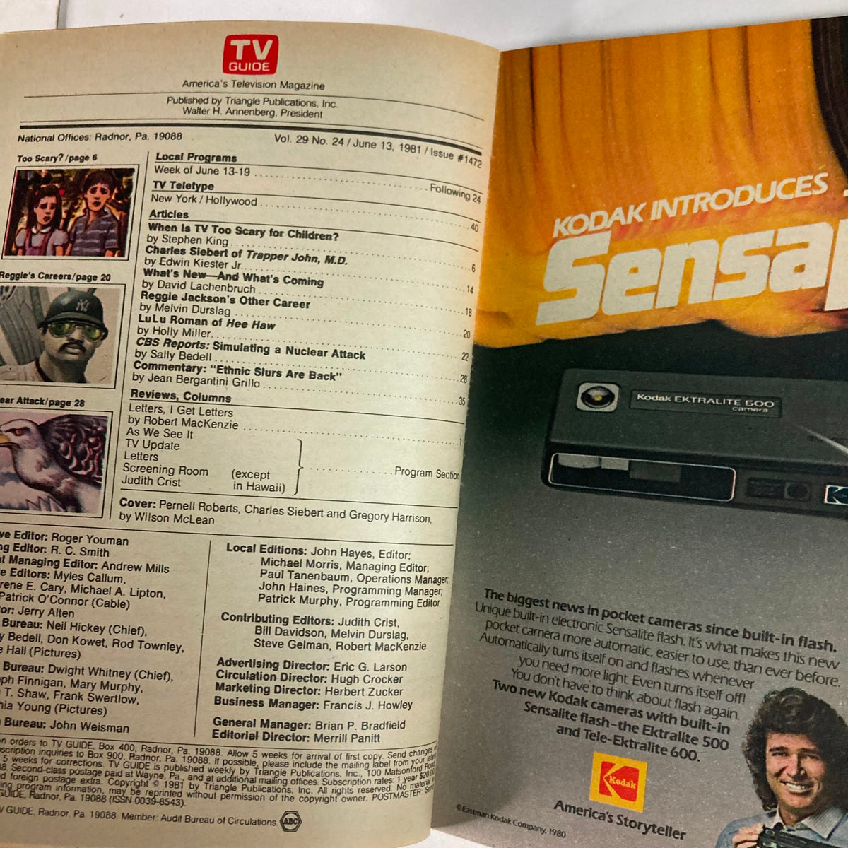 Interior page of TV Guide Magazine June 13 1981 detailing contents, featuring articles and a cover story about Pernell Roberts, Charles Siebert, and Gregory Harrison.