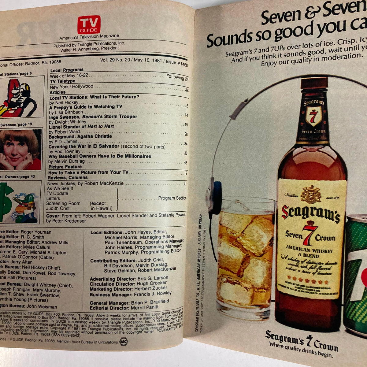 Interior page of TV Guide Magazine May 16, 1981 Issue #1468 featuring an advertisement for Seagram's 7 Crown whiskey and a list of programming for the week, showcasing TV listings and cultural highlights of the early 1980s.
