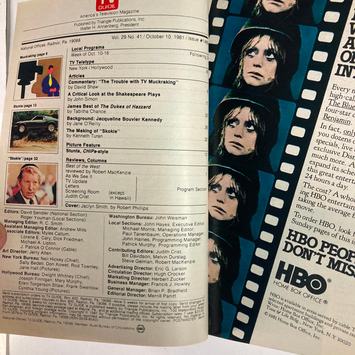 Inside spread of TV Guide Magazine October 10, 1981, showing program listings and articles, including a feature on Jaclyn Smith. The magazine captures the essence of early 80s television culture.