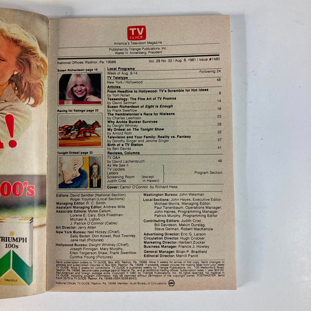 Inside page of TV Guide Magazine August 8 1981 Issue #1480 showcasing articles and program listings, including features about Archie Bunker and television trends of the era.