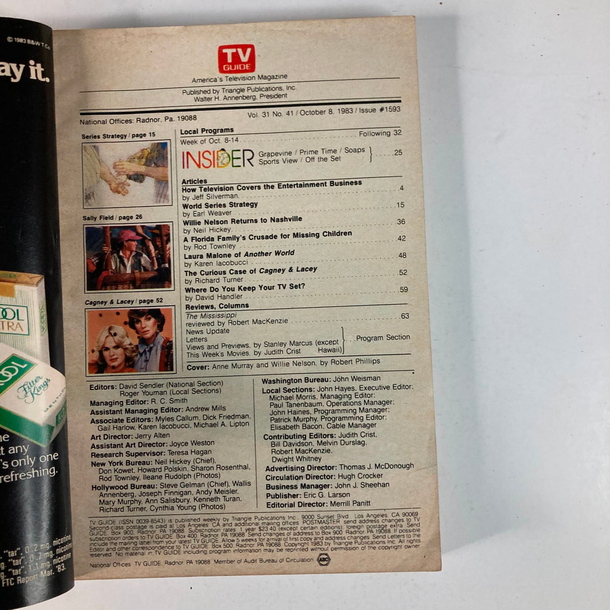 Interior page of TV Guide Magazine October 8 1983, Issue #1593, highlighting articles and program listings, featuring Anne Murray and Willie Nelson.