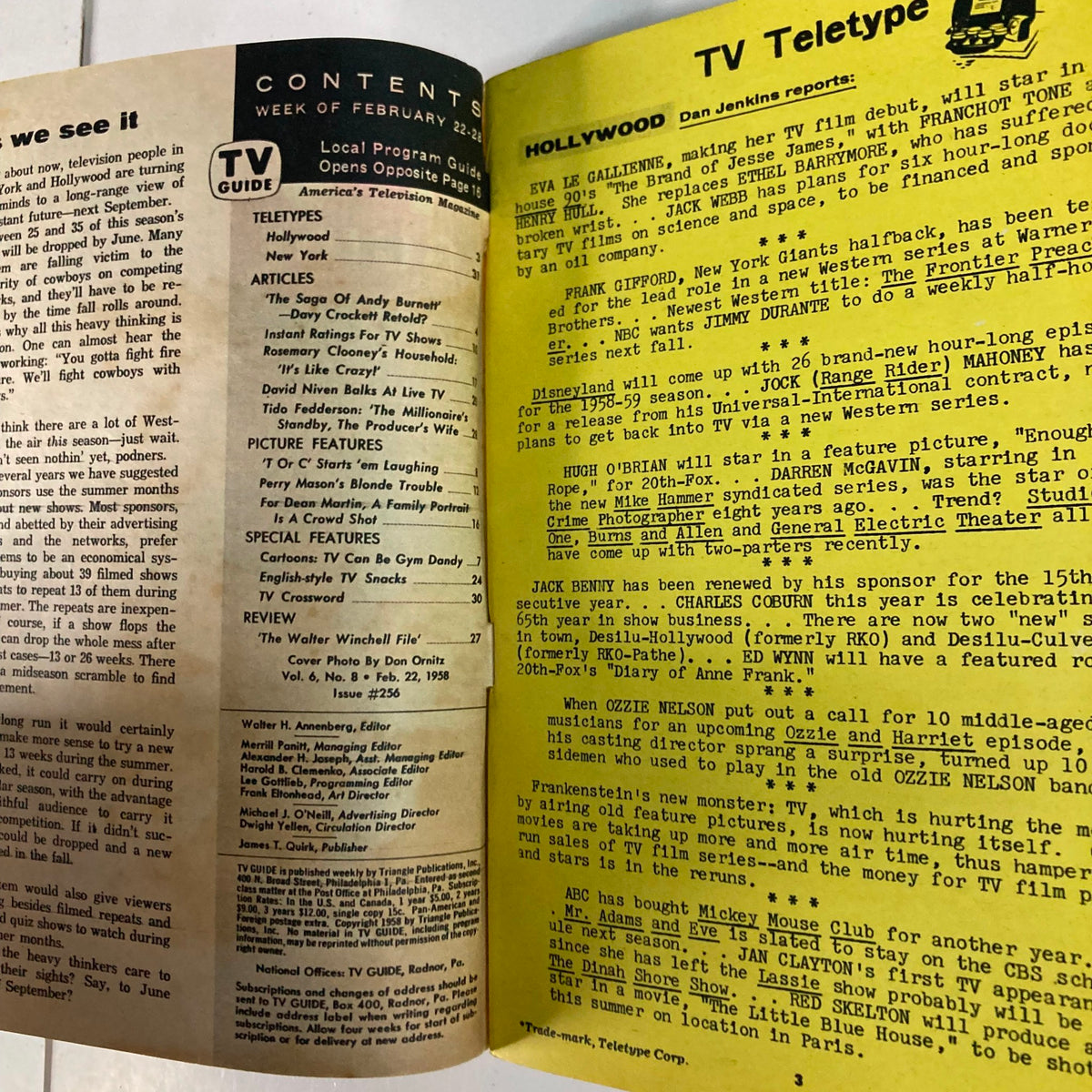 Inside page of TV Guide Magazine February 22 1958 showing contents including articles and features from the era, reflecting TV programming trends.