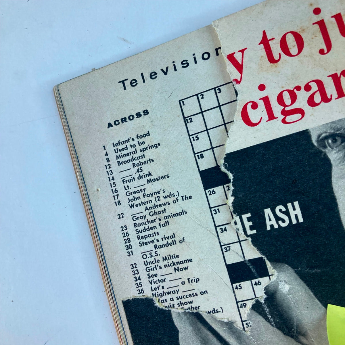 Partially torn back page of TV Guide Magazine February 22 1958, revealing crossword puzzles and vintage advertisements, highlighting its collectible appeal.