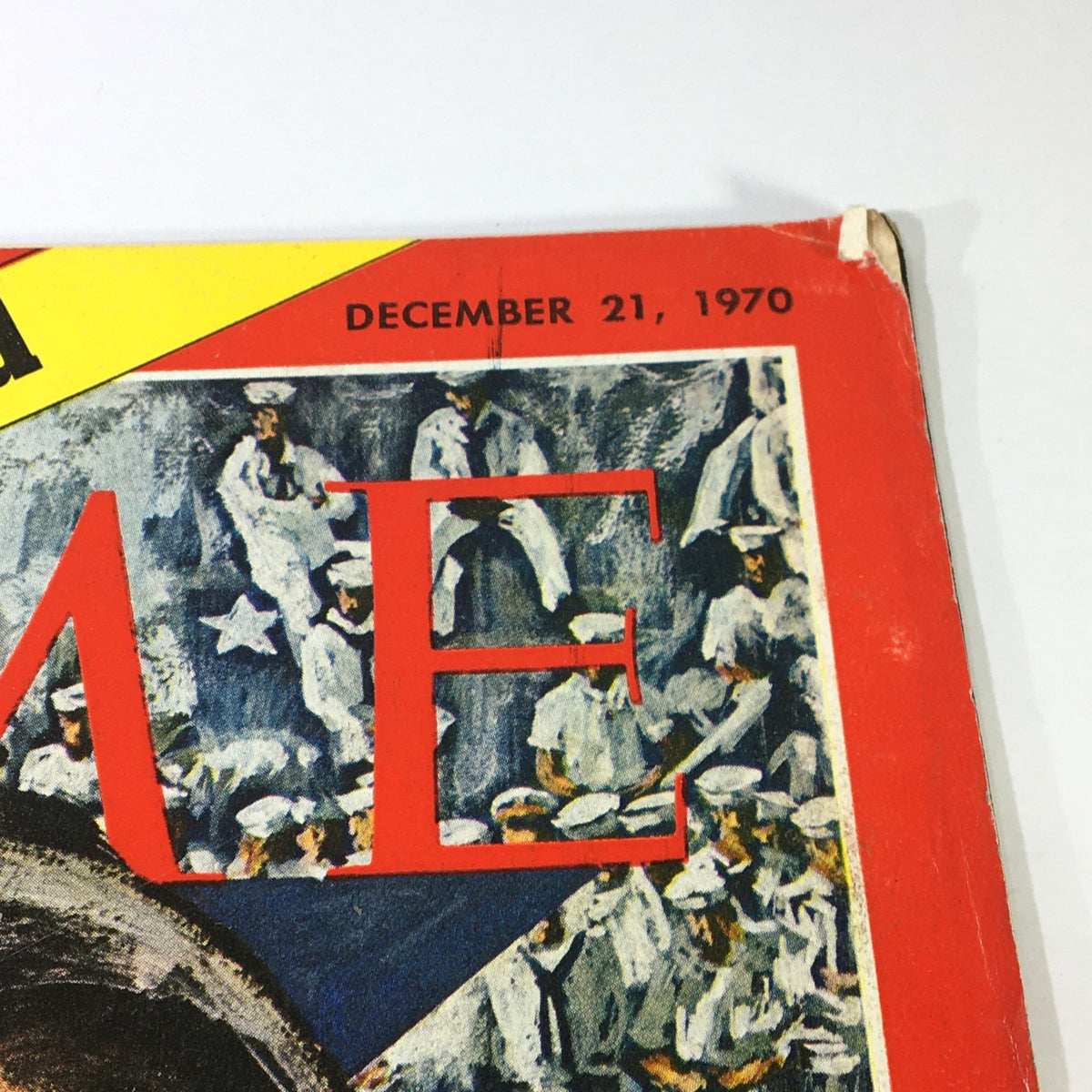 Close-up view of the top corner of the vintage Time magazine dated December 21, 1970 featuring Admiral Elmo 'Bud' Zumwalt. The design highlights the magazine title and date, showcasing its historical significance.