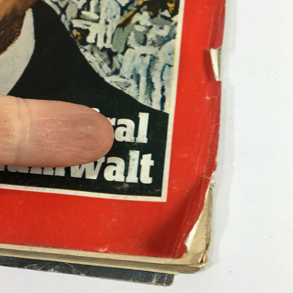 Detail of the cover of the vintage Time magazine from December 21, 1970, displaying a finger pointing at the name 'Admiral Zumwalt.' This image emphasizes the cover's focus on significant historical figure Admiral Elmo 'Bud' Zumwalt.