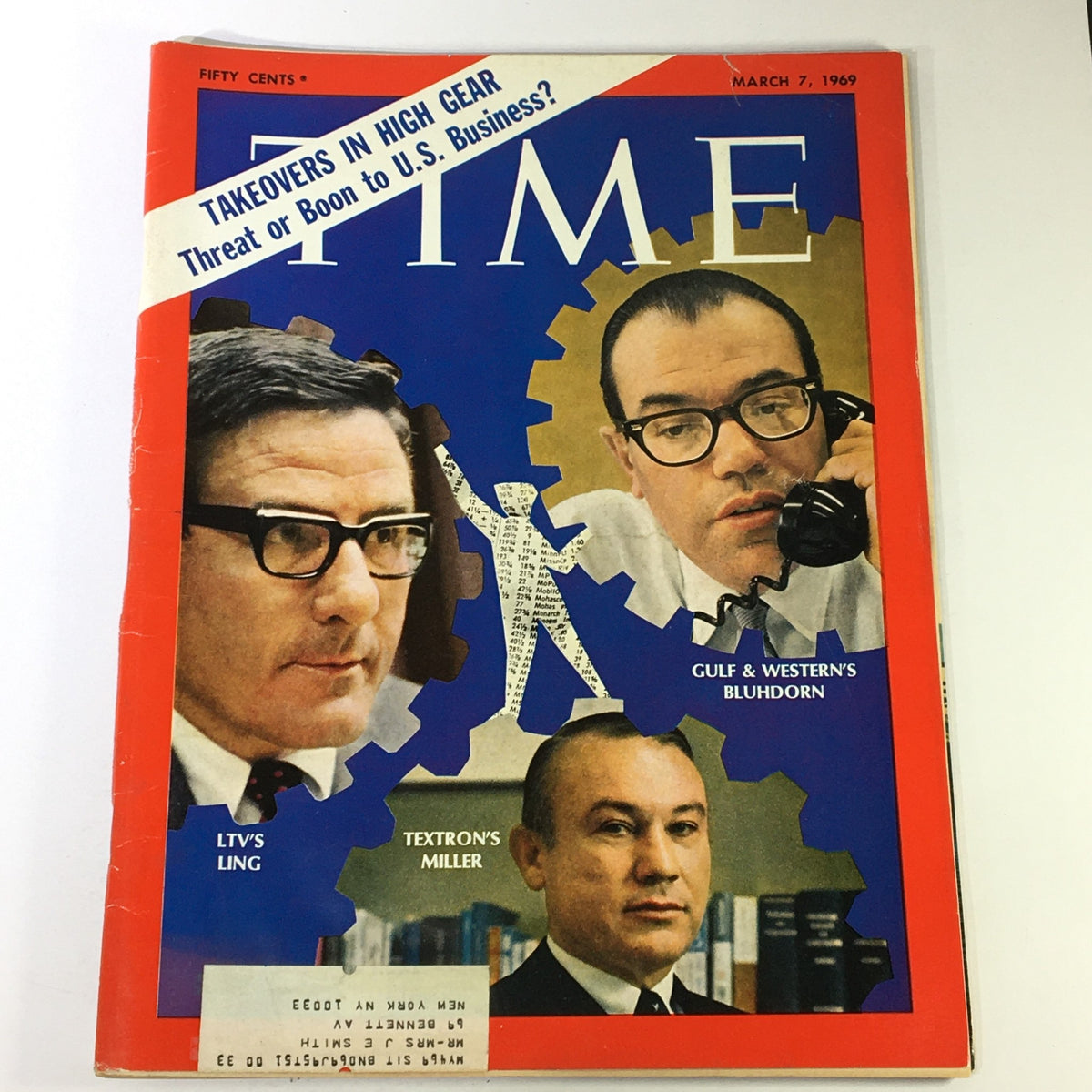 Vintage Time Magazine cover from March 7, 1969 featuring LTV's Ling, Textron's Miller, and Gulf's Bludhorn, highlighting the theme of business takeovers in U.S. economy.