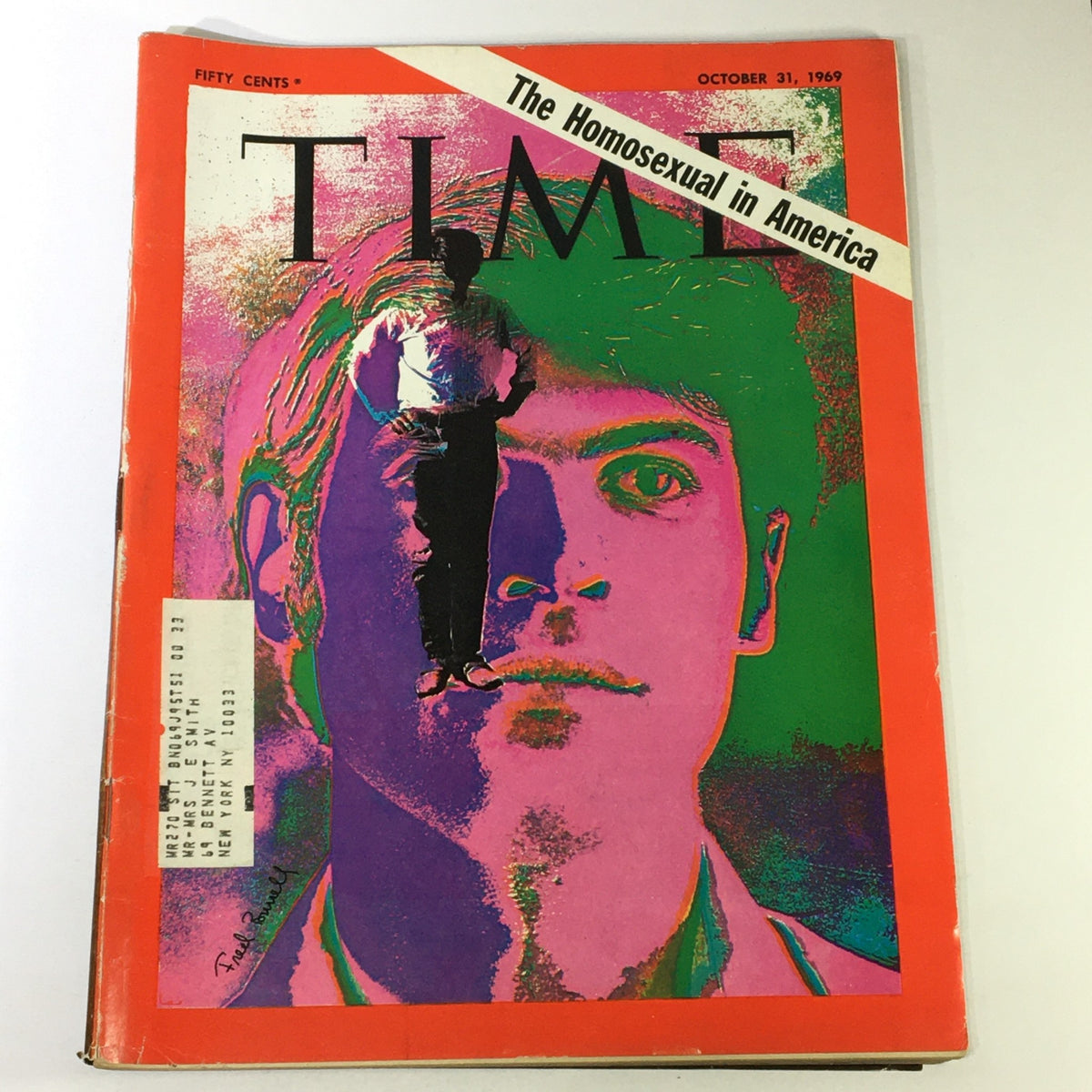 Vintage Time Magazine from October 31, 1969 featuring the cover story 'The Homosexual in America', showcasing a colorful artistic design and a prominent figure, reflecting a significant sociocultural topic of the era.