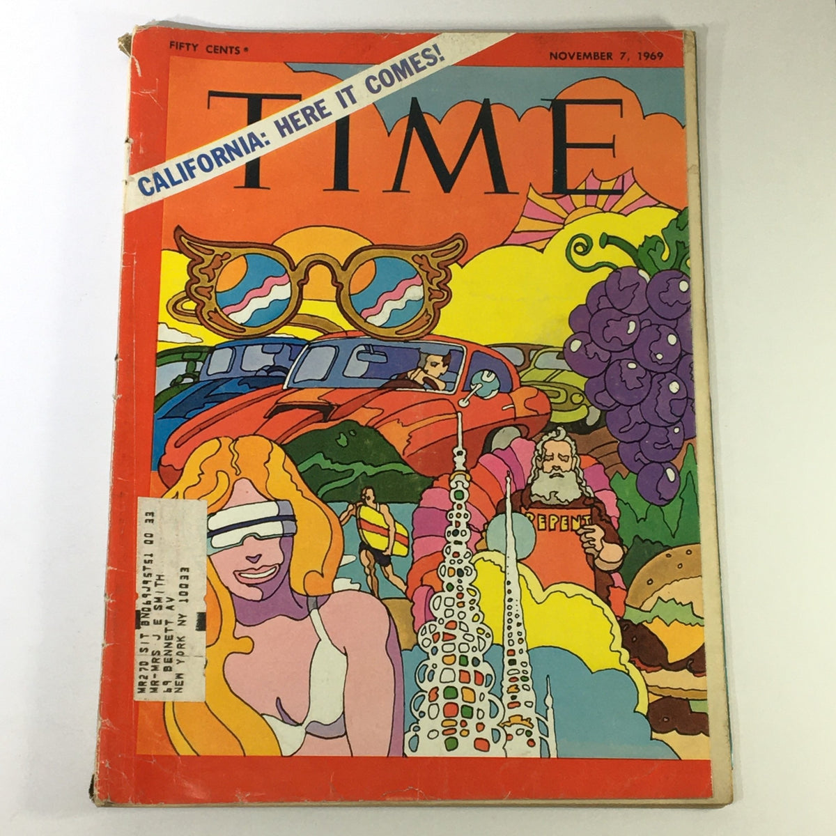 Cover of VTG Time Magazine November 7 1969 featuring vibrant graphics and the headline 'California: Here it Comes!'