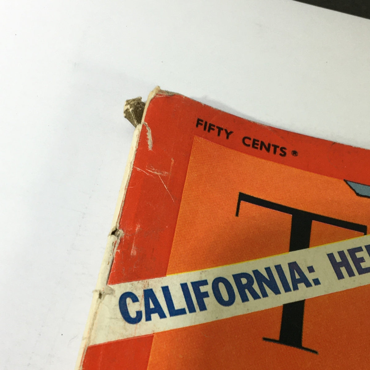 Close-up of the top corner of VTG Time Magazine November 7 1969 displaying the price and part of the headline 'California: Here it Comes!'