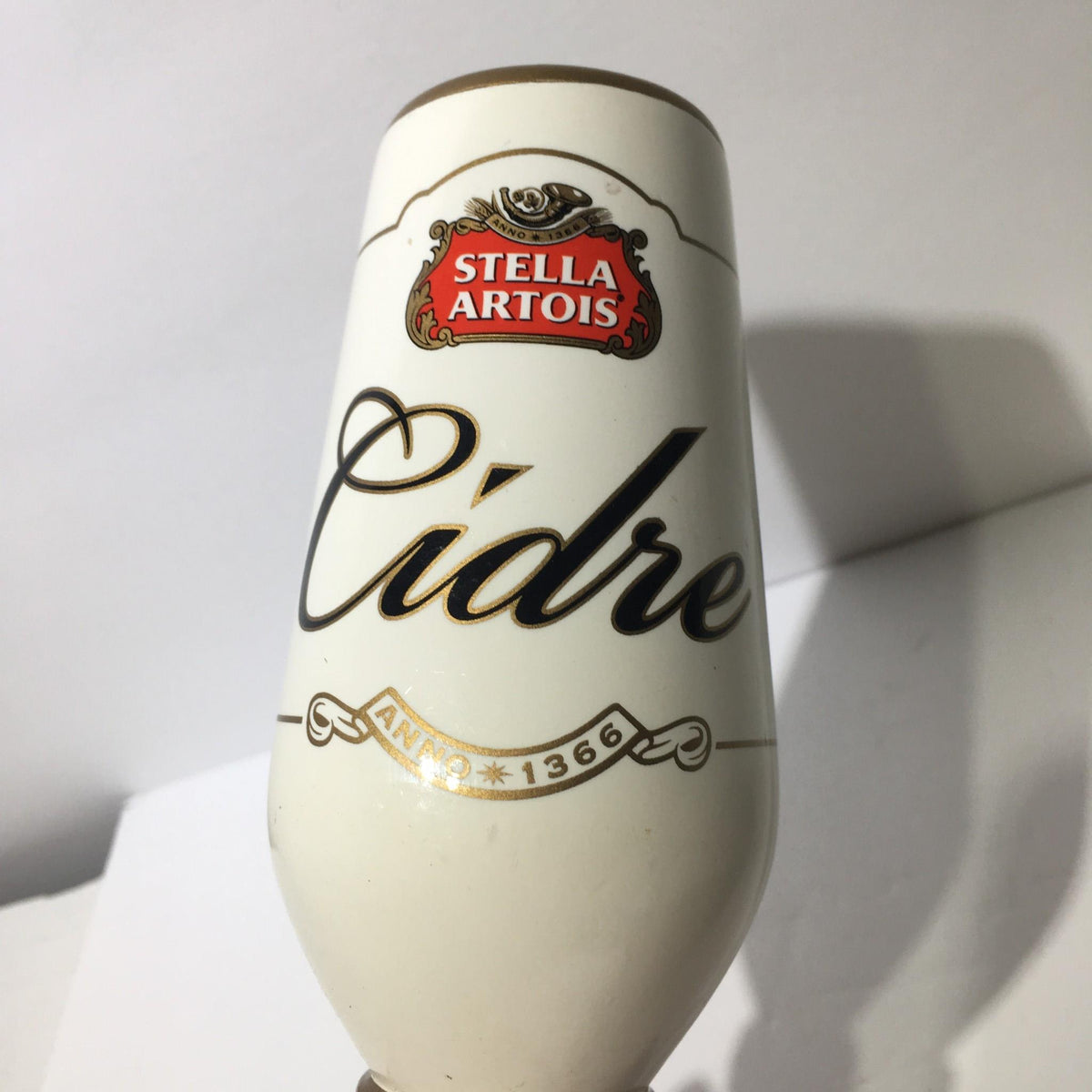Top view of a Vintage Stella Artois Cidre 10" Beer Tap Handle displaying the logo and design.