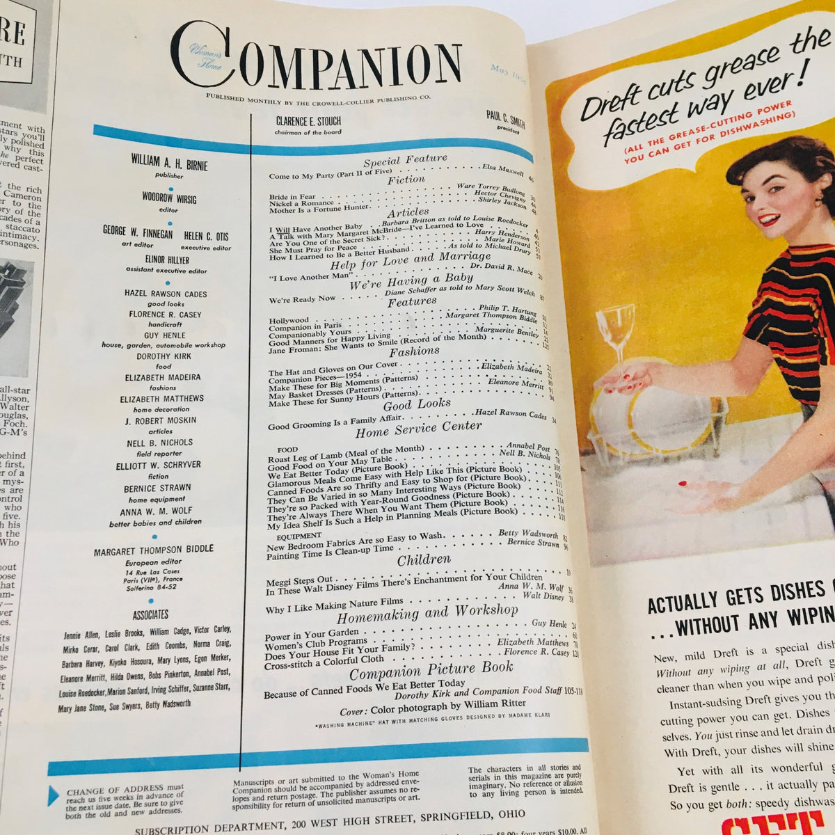 Inside page of Woman's Home Companion May 1954 presenting the table of contents with features and articles related to home and family.