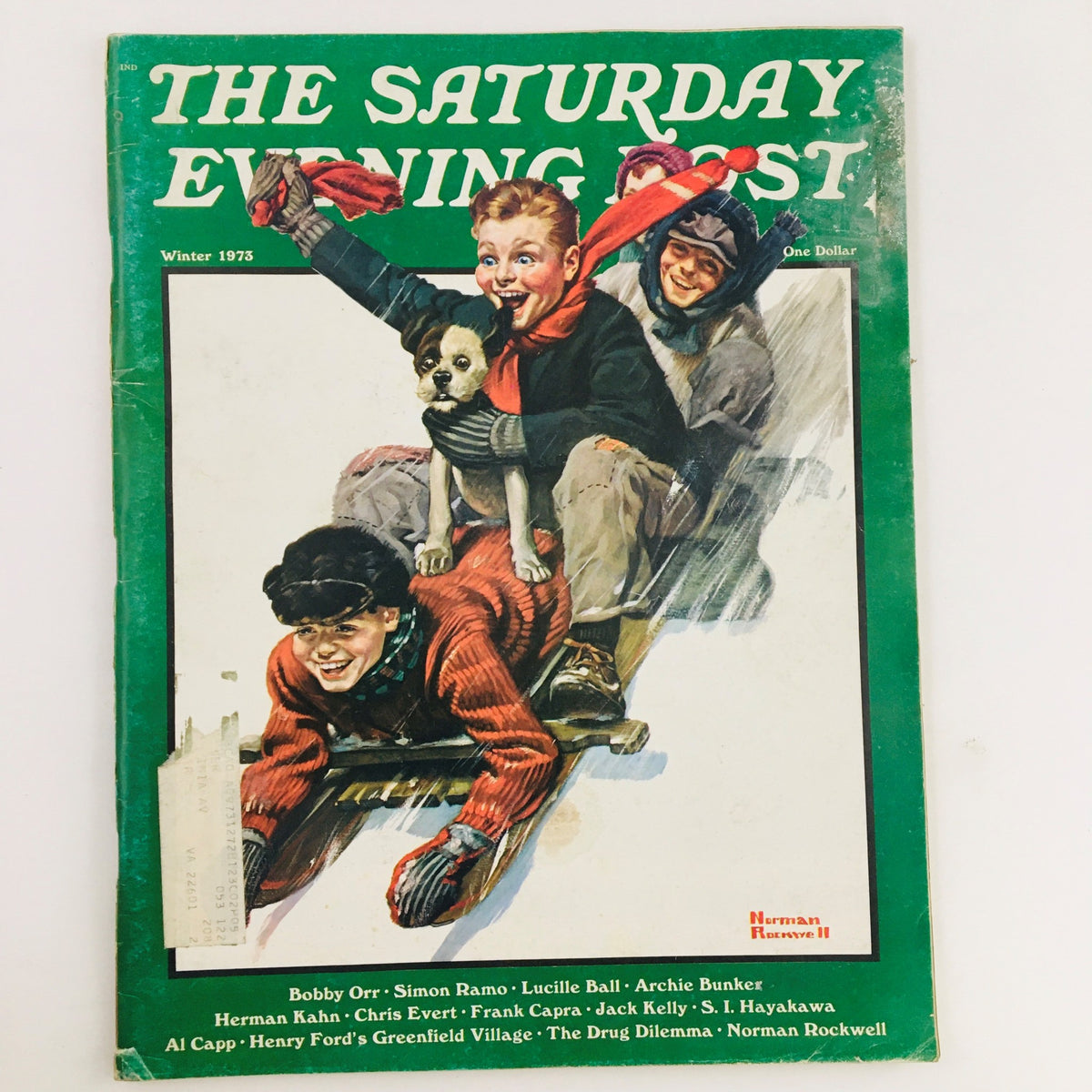 Cover of The Saturday Evening Post Winter 1973 featuring children playing in snow with a dog, highlighting Bobby Orr, Simon Ramo, and The Drug Dilemma.