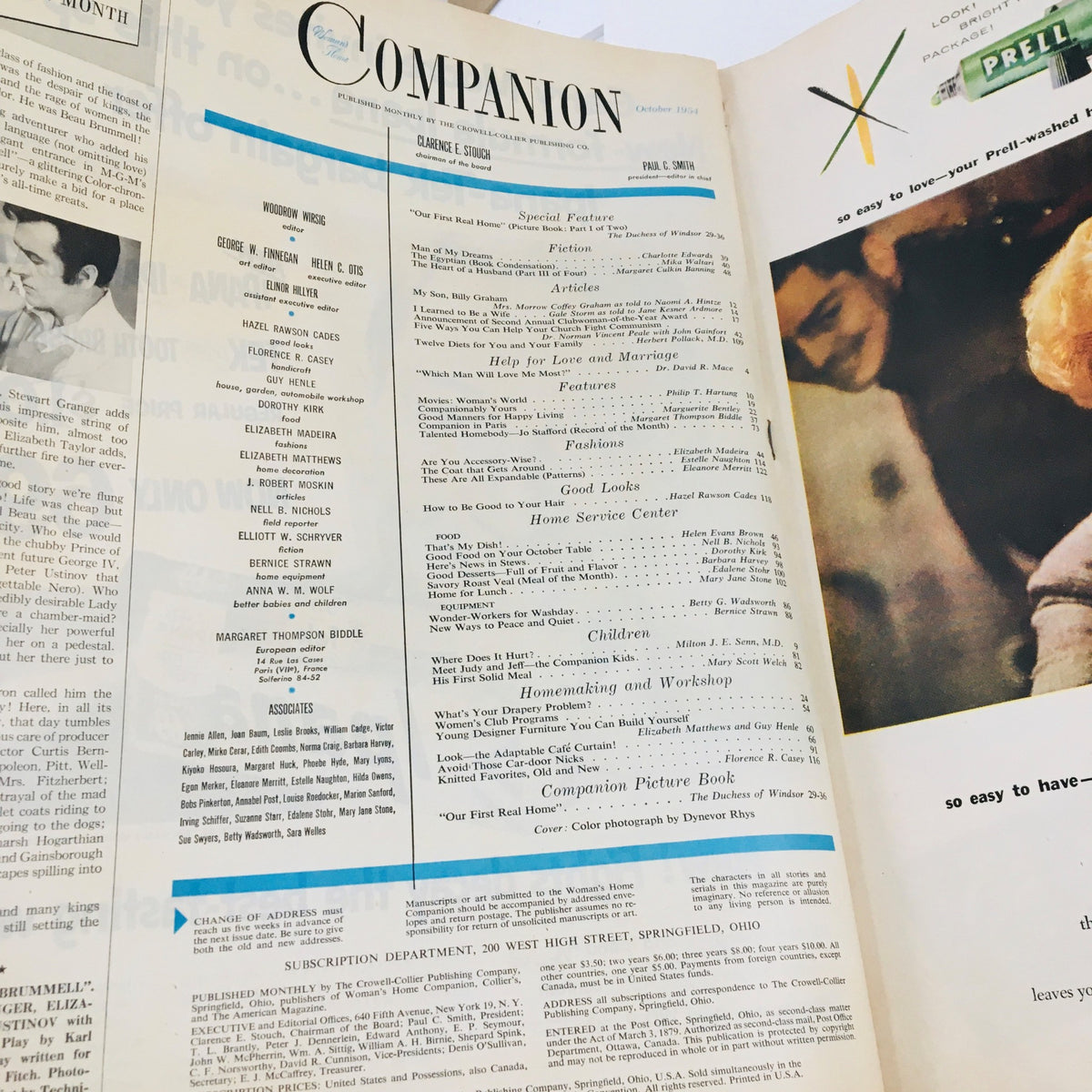 Inside page of Woman's Home Companion October 1954 featuring the contents listing and articles including the special feature on The Duchess of Windsor.