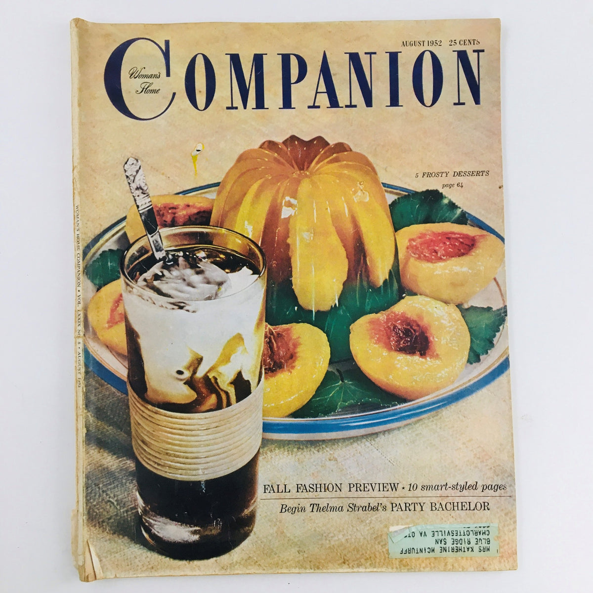 Cover of Woman's Home Companion August 1952 featuring Thelma Strabel's Party Bachelor, showcasing a vintage dessert display with colorful gelatin and a drink.