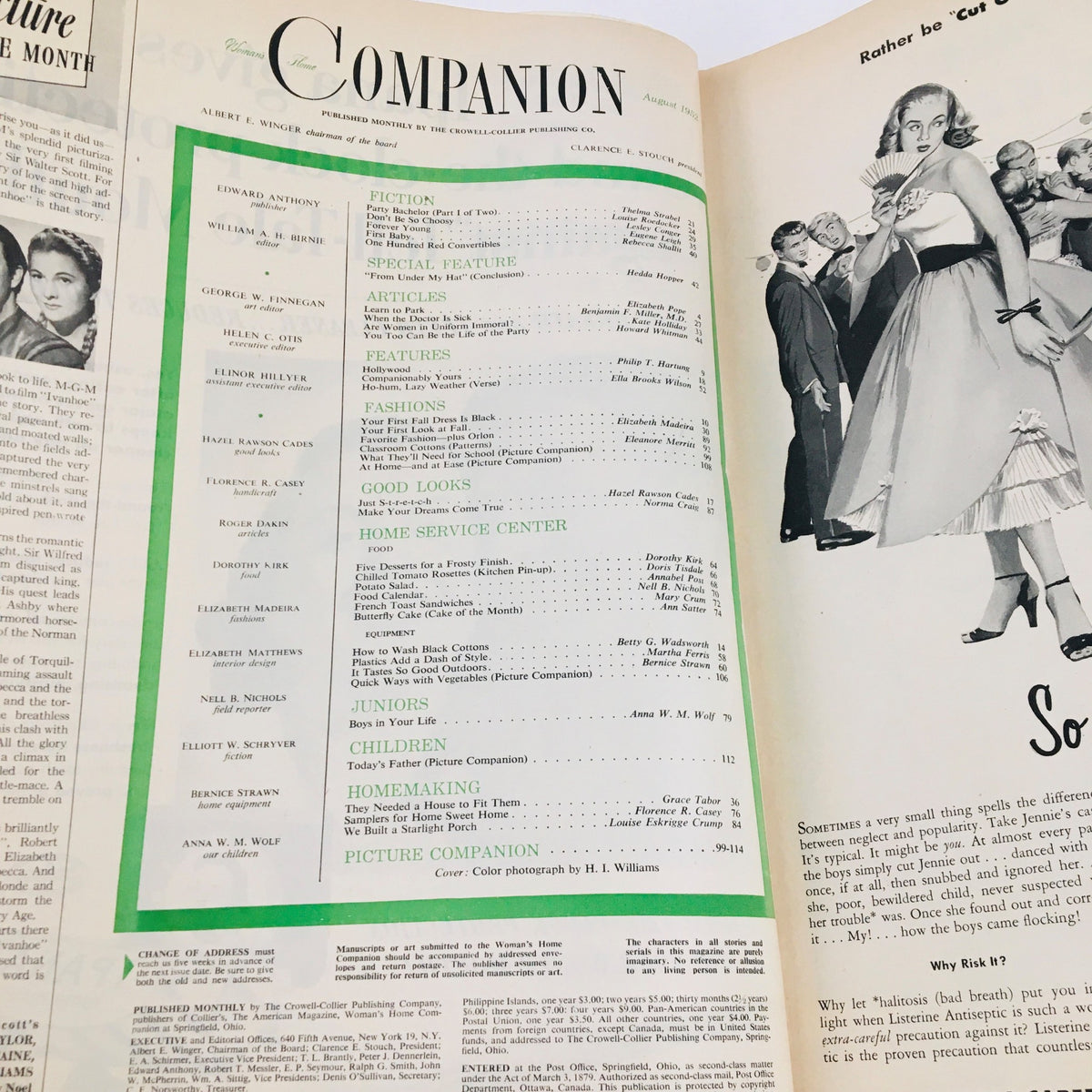 Interior page of Woman's Home Companion August 1952 displaying the table of contents with articles, features, and fashion highlights from the era.