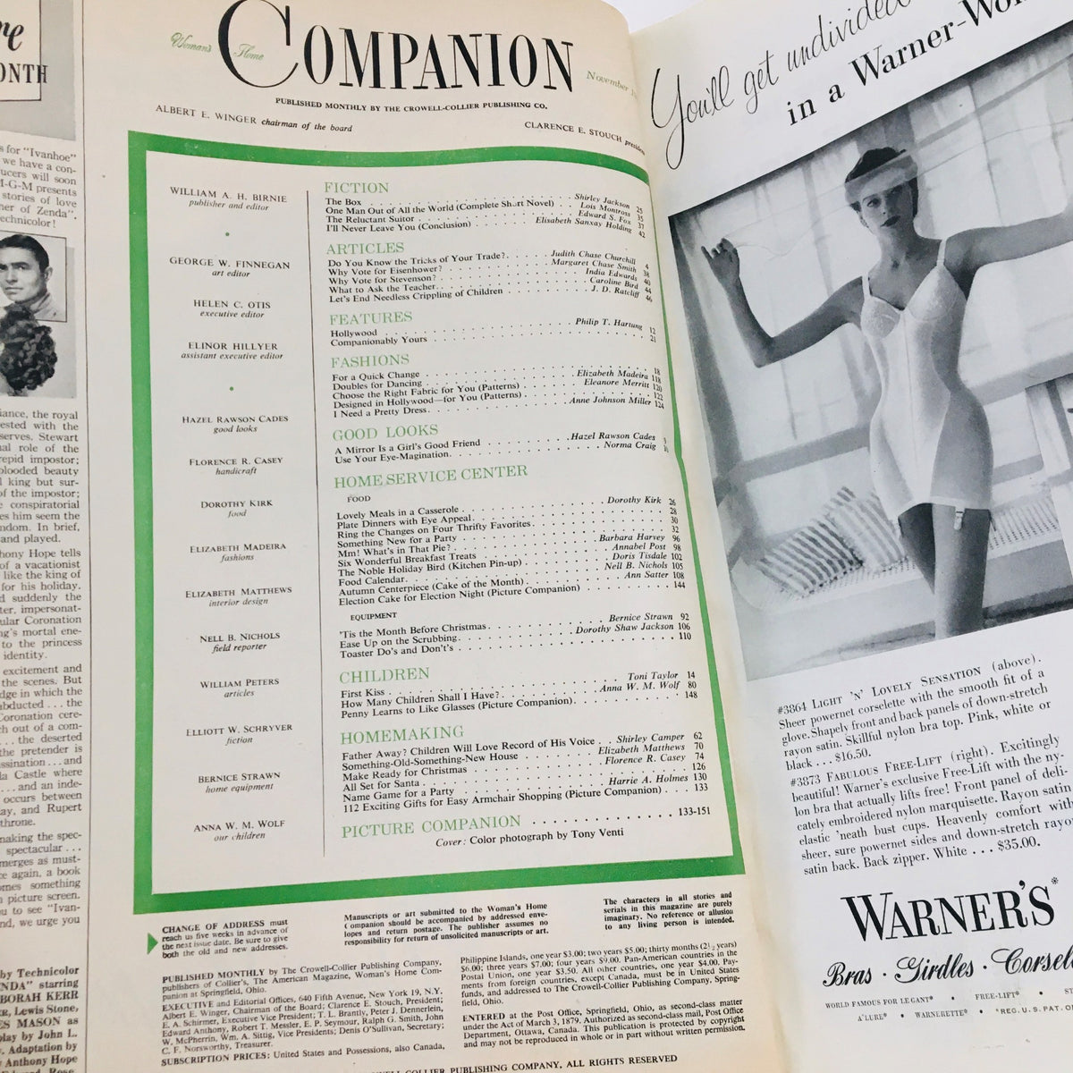 Interior page of Woman's Home Companion November 1952 displaying the table of contents including the story 'One Man Out Of All The World' by Lois Montross and various articles reflecting 1950s domestic life.