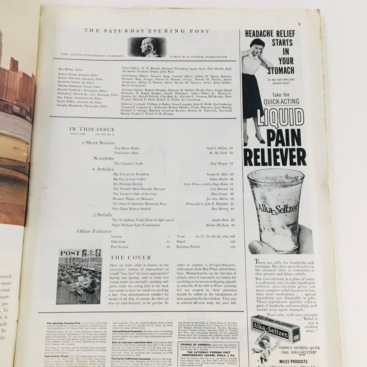 The Saturday Evening Post April 9, 1960, featuring the table of contents and advertisements, showcasing articles and stories including "My Friend The President" about Dwight Eisenhower.