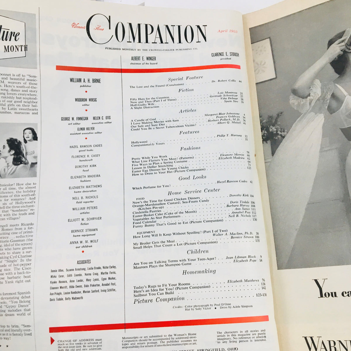 Interior page of Woman's Home Companion April 1953 showing the table of contents, with references to articles on fashion, diet, and home service.