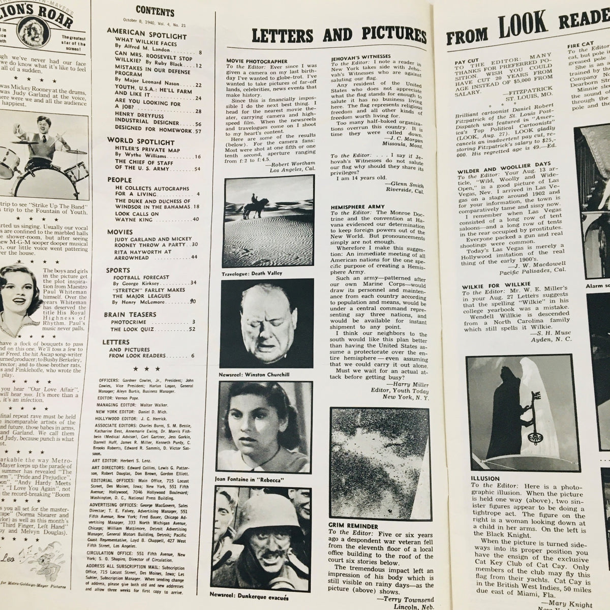 Inside pages of Look Magazine from October 8, 1940, featuring articles and images including discussions on contemporary issues and Hollywood stars like Judy Garland and Mickey Rooney.