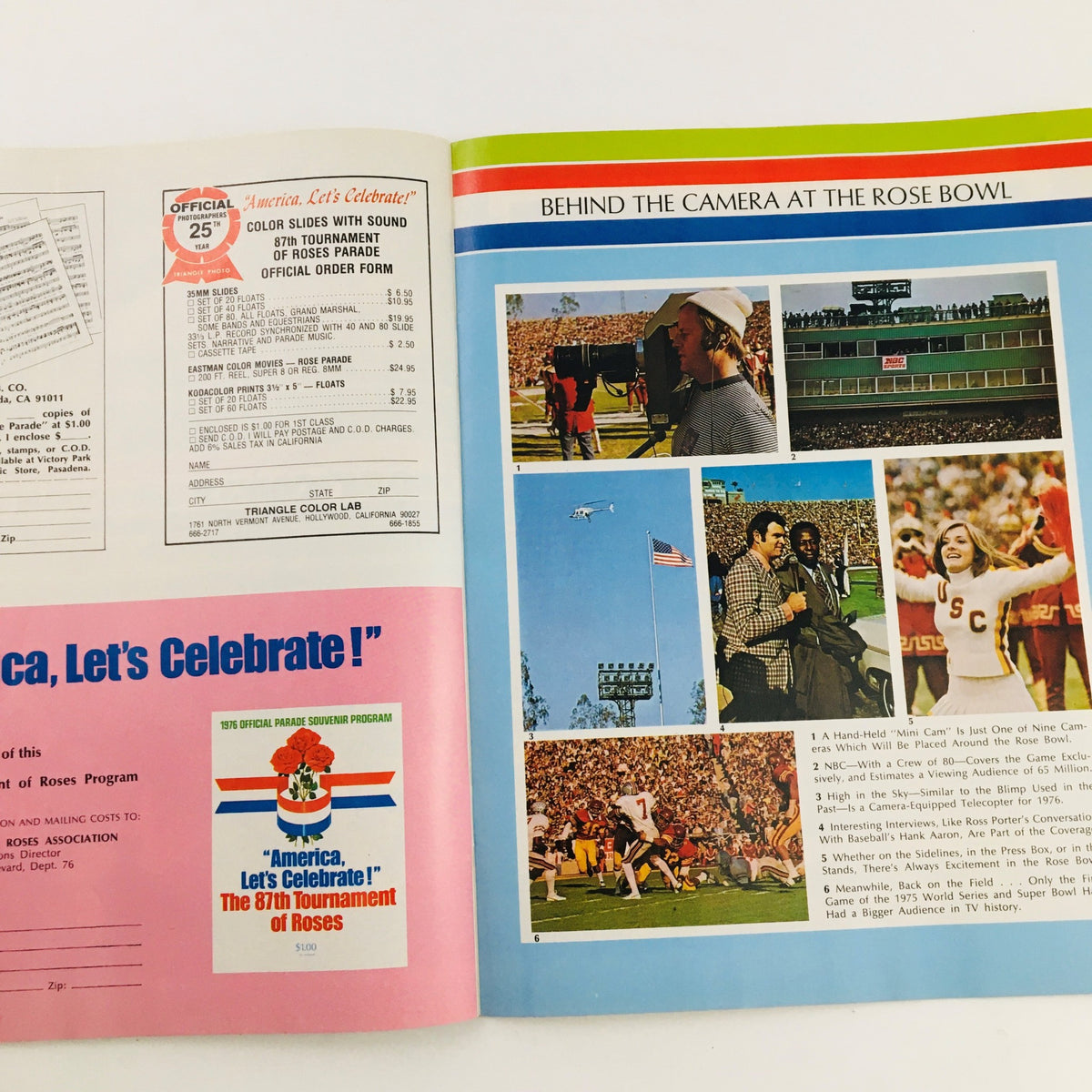 1976 Official Parade Souvenir Program featuring colorful images from the 87th Tournament of Roses, including a scene from the Rose Bowl and participants celebrating.