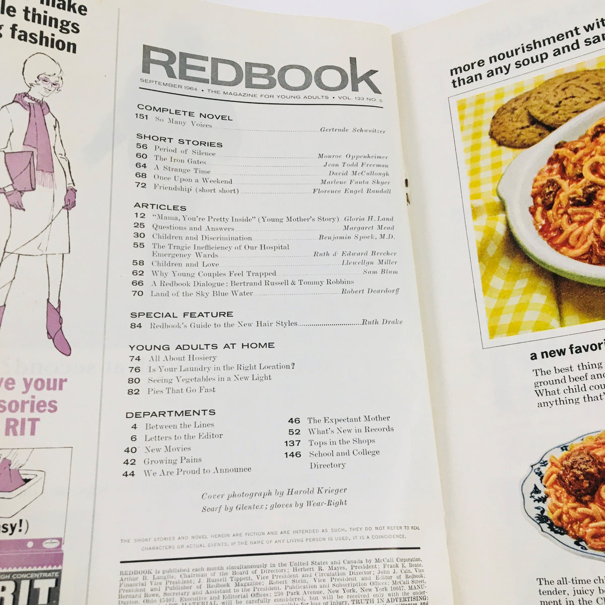 Inside page from Redbook Magazine September 1964 showing the table of contents with articles and features, including details about Bertrand Russell's contributions.
