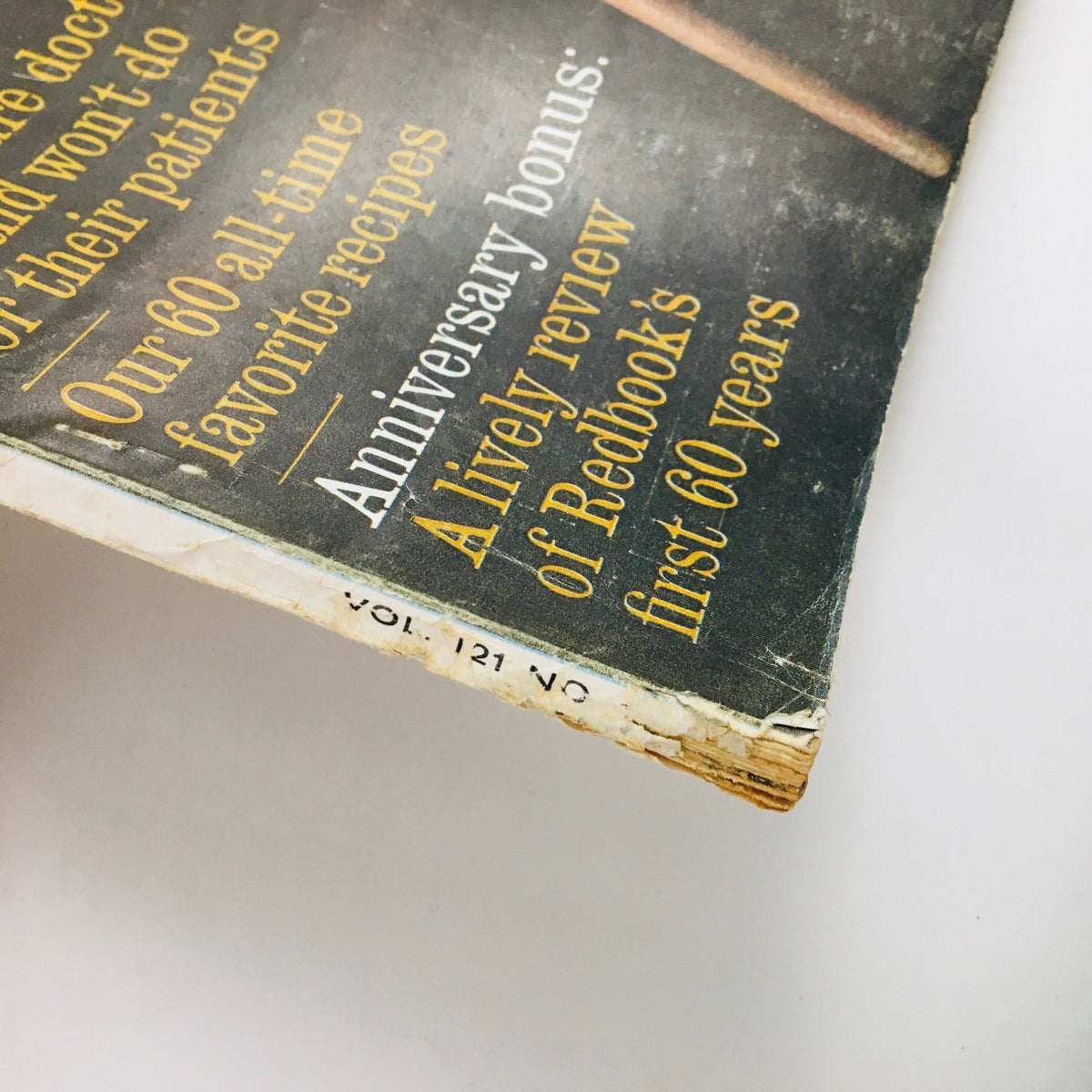Spine of Redbook Magazine May 1963 highlighting its anniversary bonus with a review of Redbook's first 60 years, showcasing vintage magazine design.