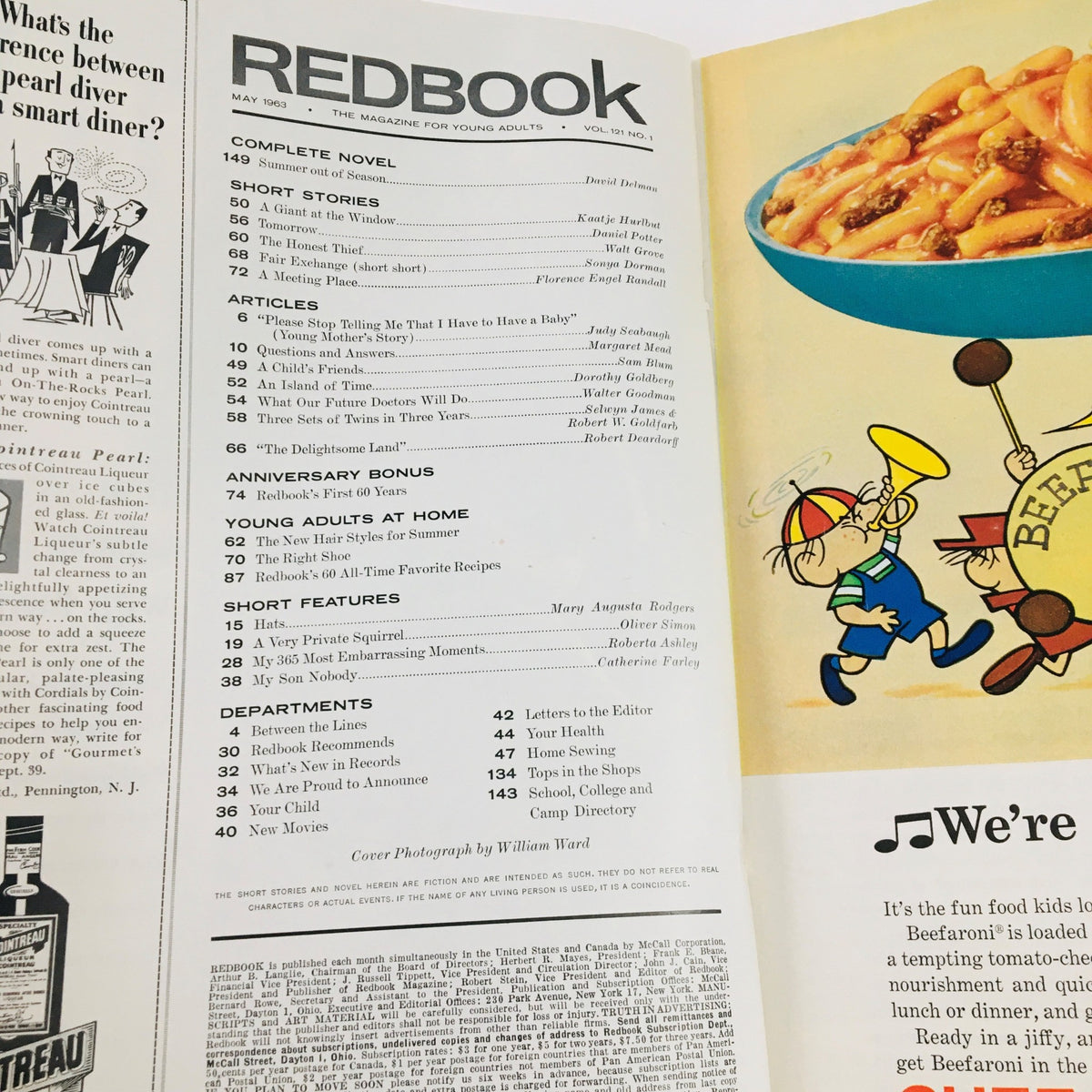 Interior page of Redbook Magazine May 1963 displaying the table of contents with articles on family life and a colorful advertisement for Bearfoni pasta.