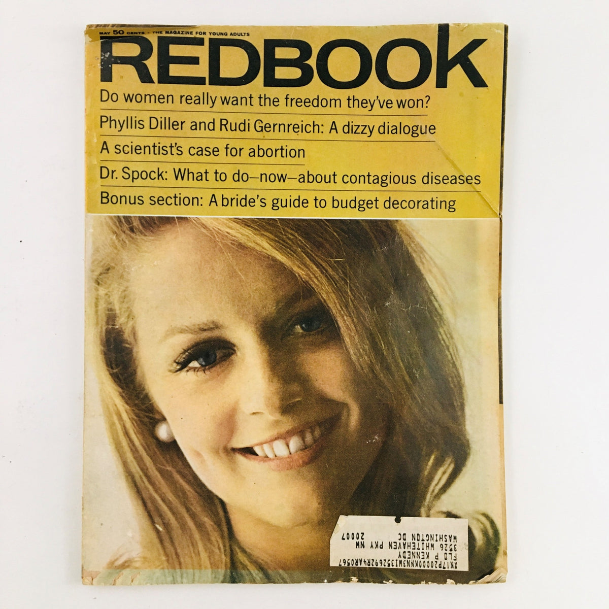 Redbook Magazine May 1967 featuring Phyllis Diller and Rudi Gernreich with a smiling model on the cover, discussing topics such as women’s freedom and a dizzy dialogue.