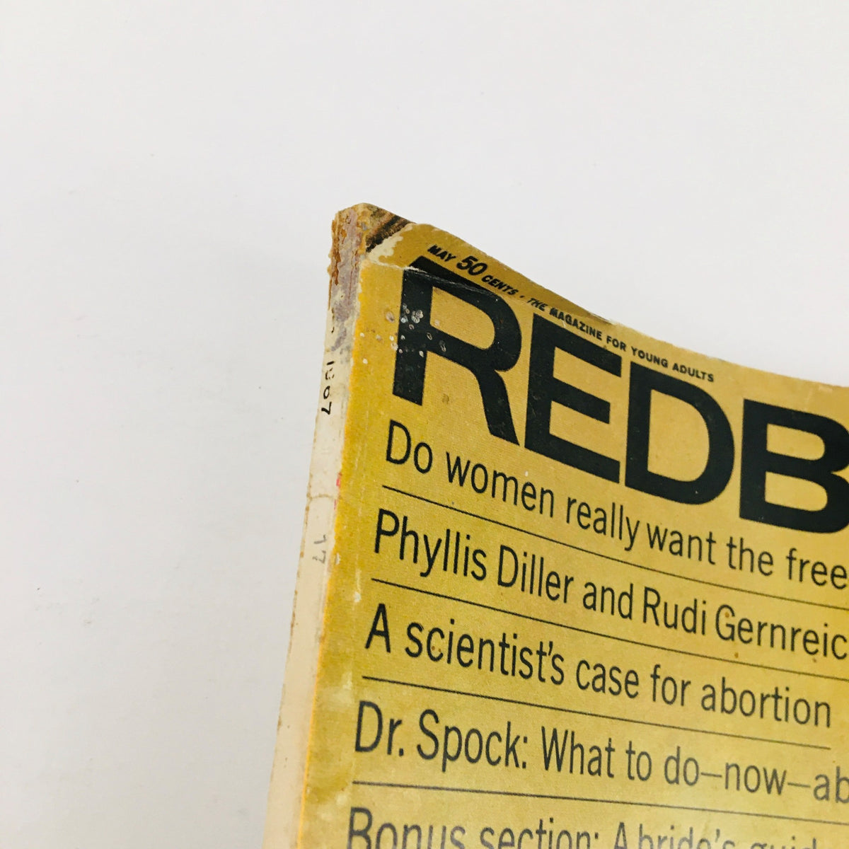 Side view of the May 1967 Redbook Magazine showcasing the title and highlights, including a dialogue with Phyllis Diller and Rudi Gernreich.