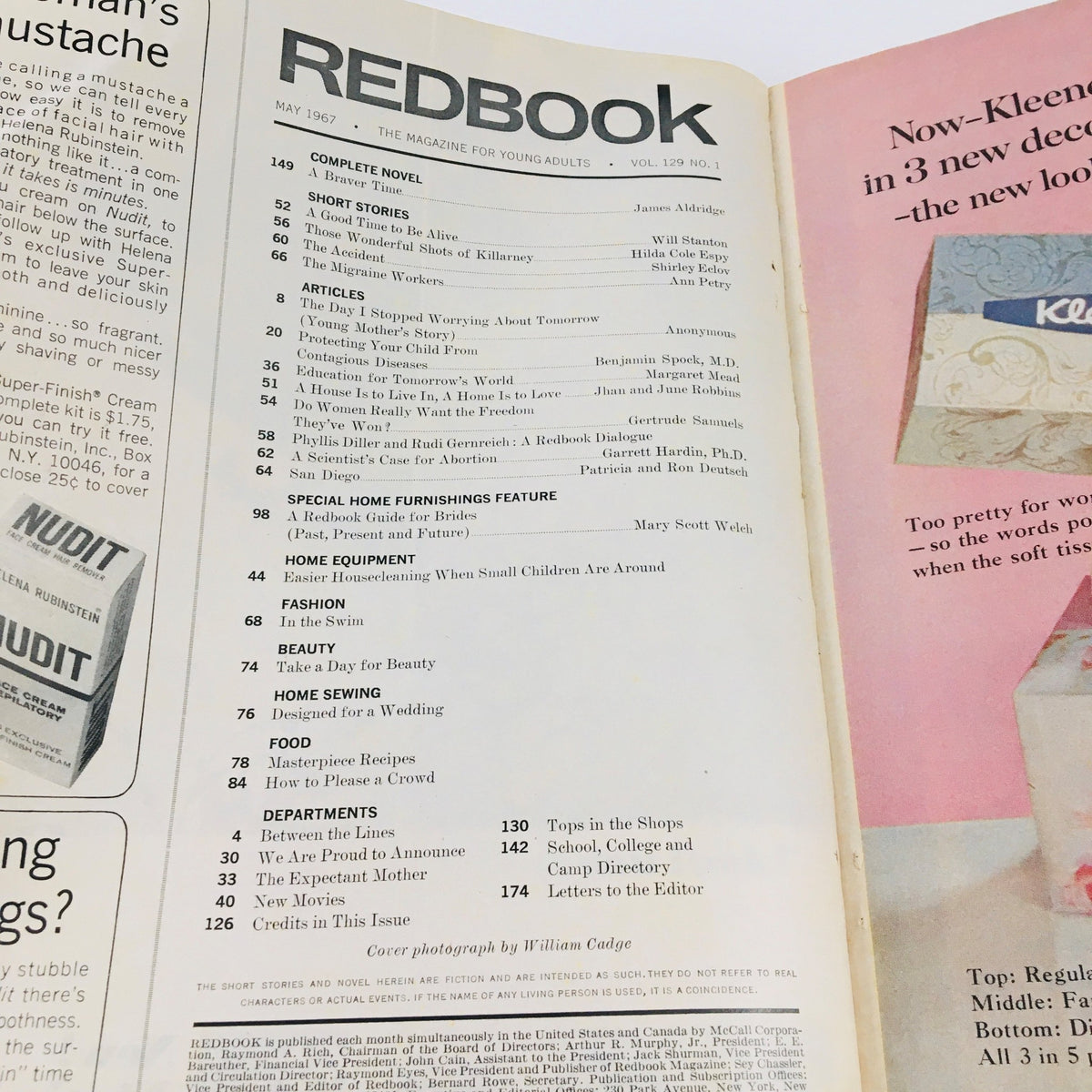 Inside view of Redbook Magazine May 1967 featuring a table of contents with articles including a dialogue between Phyllis Diller and Rudi Gernreich.