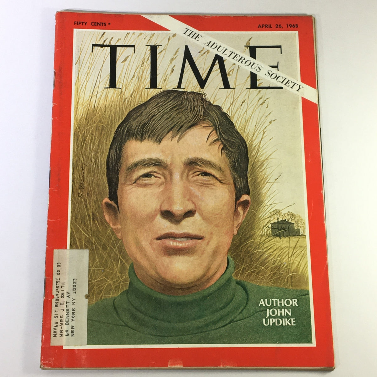 Vintage Time Magazine from April 26, 1968, featuring the cover story 'The Adulterous Society' by author John Updike. The cover showcases a striking portrait illustration of a man against a backdrop of grass, emphasizing the era's cultural themes.
