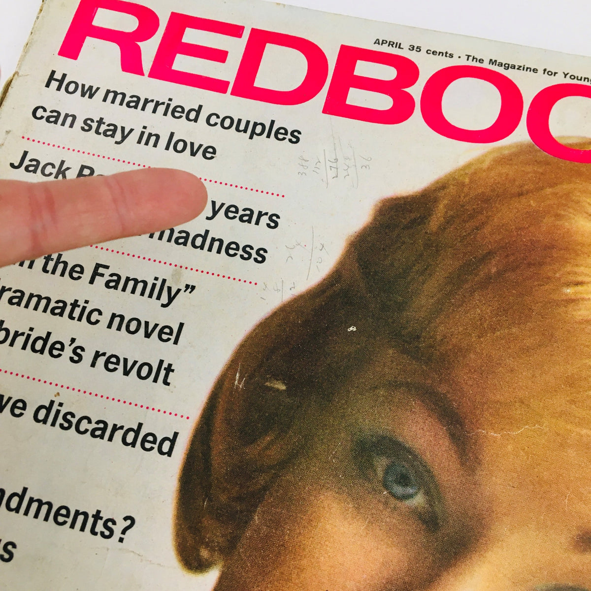 Close-up of the cover of Redbook Magazine April 1962 highlighting Jack Paar's 'Five Years of Midnight Madness' along with features on marital advice and cultural topics.