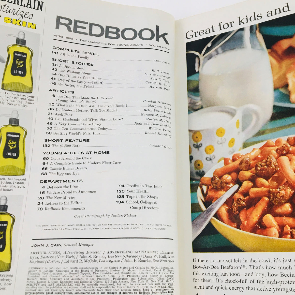 Interior page of Redbook Magazine April 1962 showcasing the table of contents with articles for young adults including 'Jack Paar' and other notable features, emphasizing its vintage appeal.