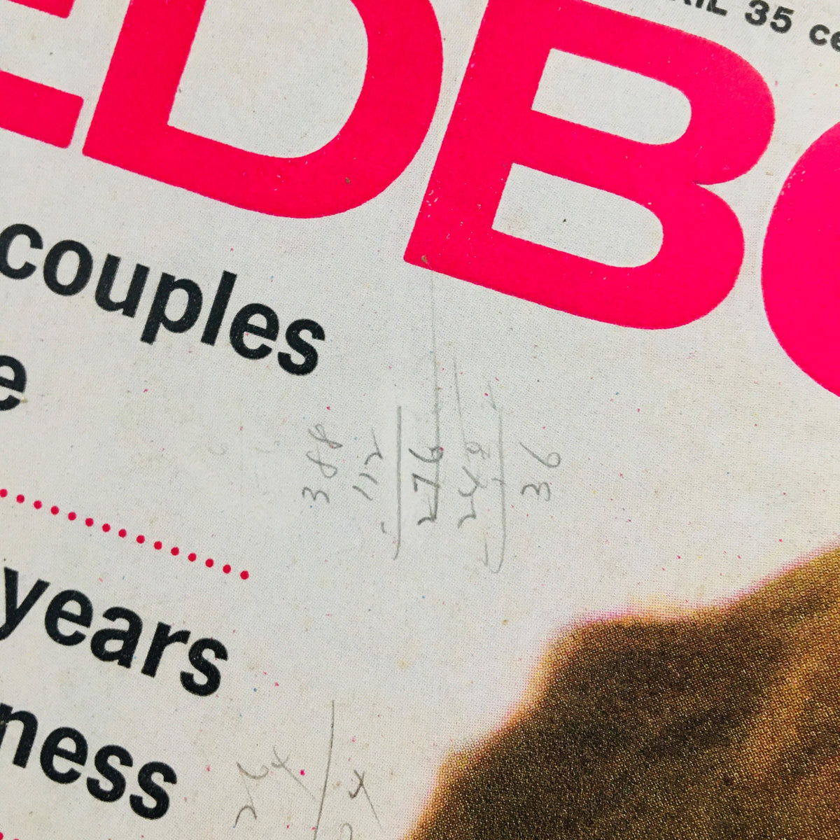 Detailed close-up of the Redbook Magazine April 1962 cover showing features like 'How married couples can stay in love' and Jack Paar's 'Five Years of Midnight Madness', with added handwritten notes.