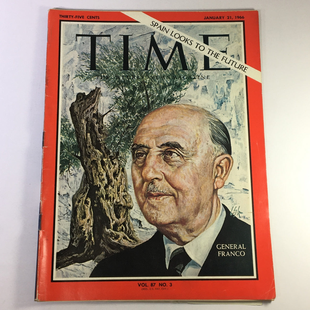 Vintage Time Magazine cover from January 21, 1966 featuring General Francisco Franco, Caudillo of Spain, with artwork depicting him against a background of nature, under the headline 'Spain Looks to the Future'.