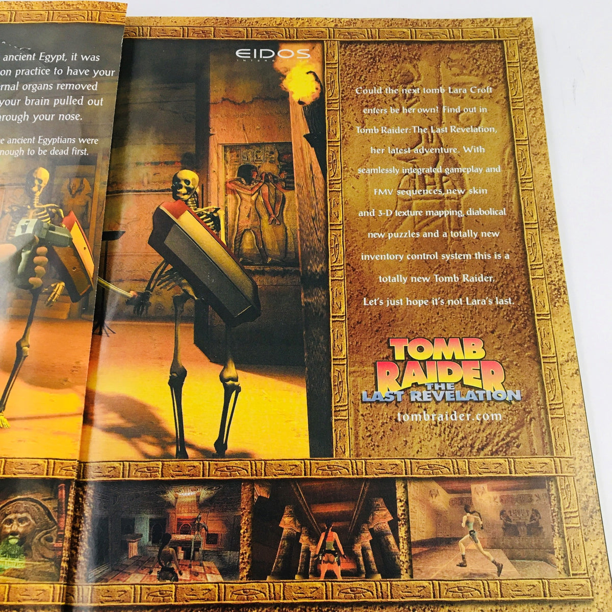 Inside page of Incite Magazine February 2000 showcasing an advertisement for Tomb Raider: The Last Revelation with vivid graphics.