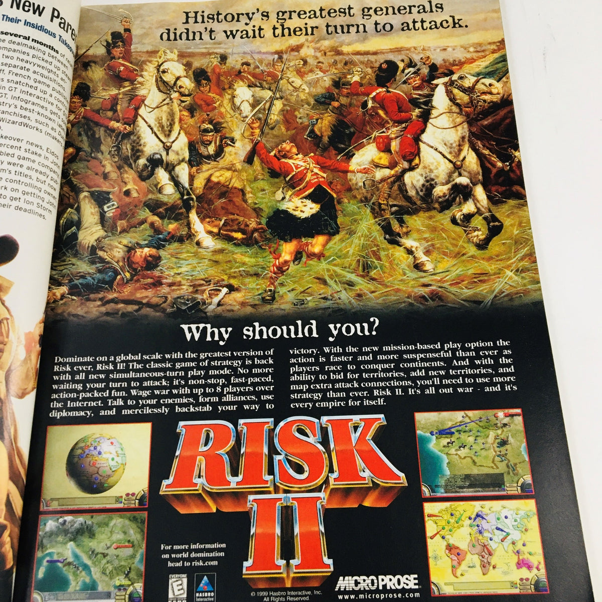 Incite Magazine February 2000 advertisement for Risk II board game highlighting strategic gameplay and historical generals.