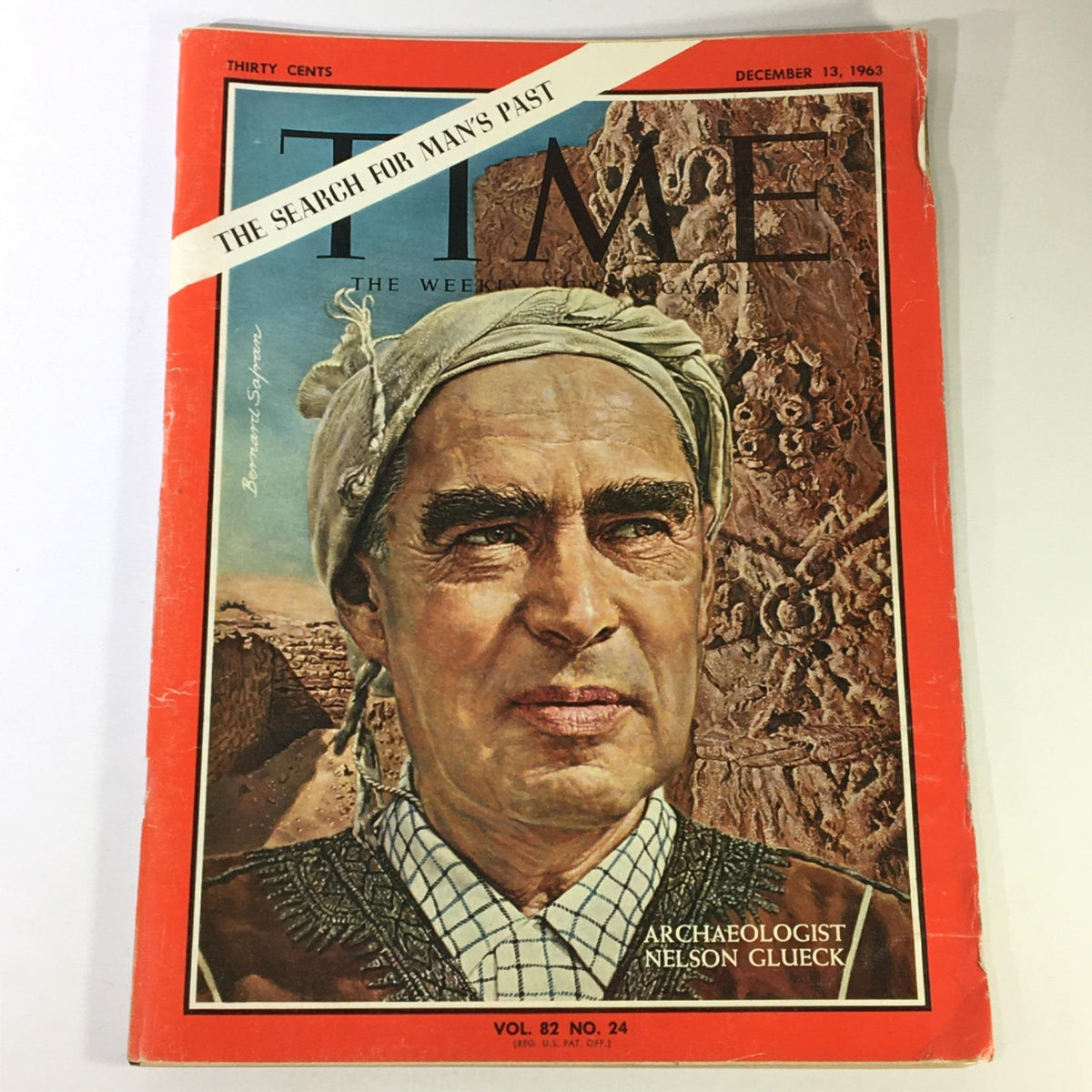 Vintage Time Magazine December 13, 1963, featuring a portrait of archaeologist Nelson Glueck with a background illustrating archaeological themes, Vol. 82 No. 24.