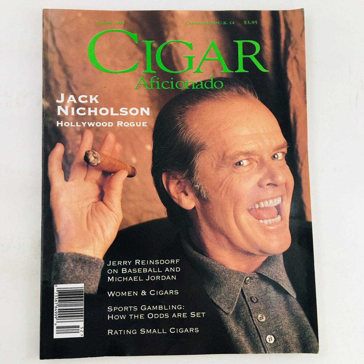 Cigar Aficionado Magazine Summer 1995 featuring Jack Nicholson on the cover. The iconic Hollywood rogue is showcased with a cigar in hand, embodying the luxurious lifestyle of cigar aficionado enthusiasts.