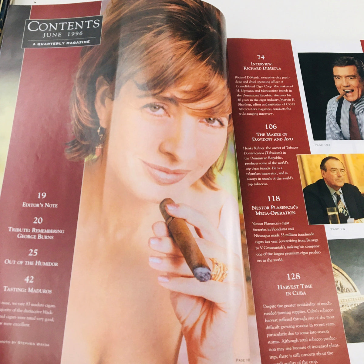 Contents page of Cigar Aficionado Magazine Summer 1996, featuring articles about cigar tasting and notable interviews, along with a photo of a woman with a cigar.