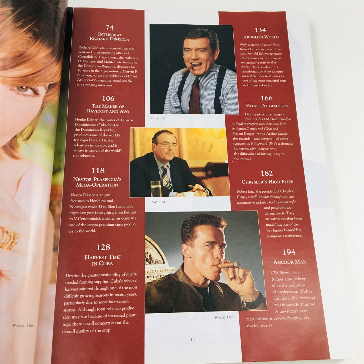 Cigar Aficionado Magazine Summer 1996 featuring featured articles including Arnold Schwarzenegger, Richard DiMola, and Nestor Plasencia, showcasing the cigar culture and industry insights of the 90s.