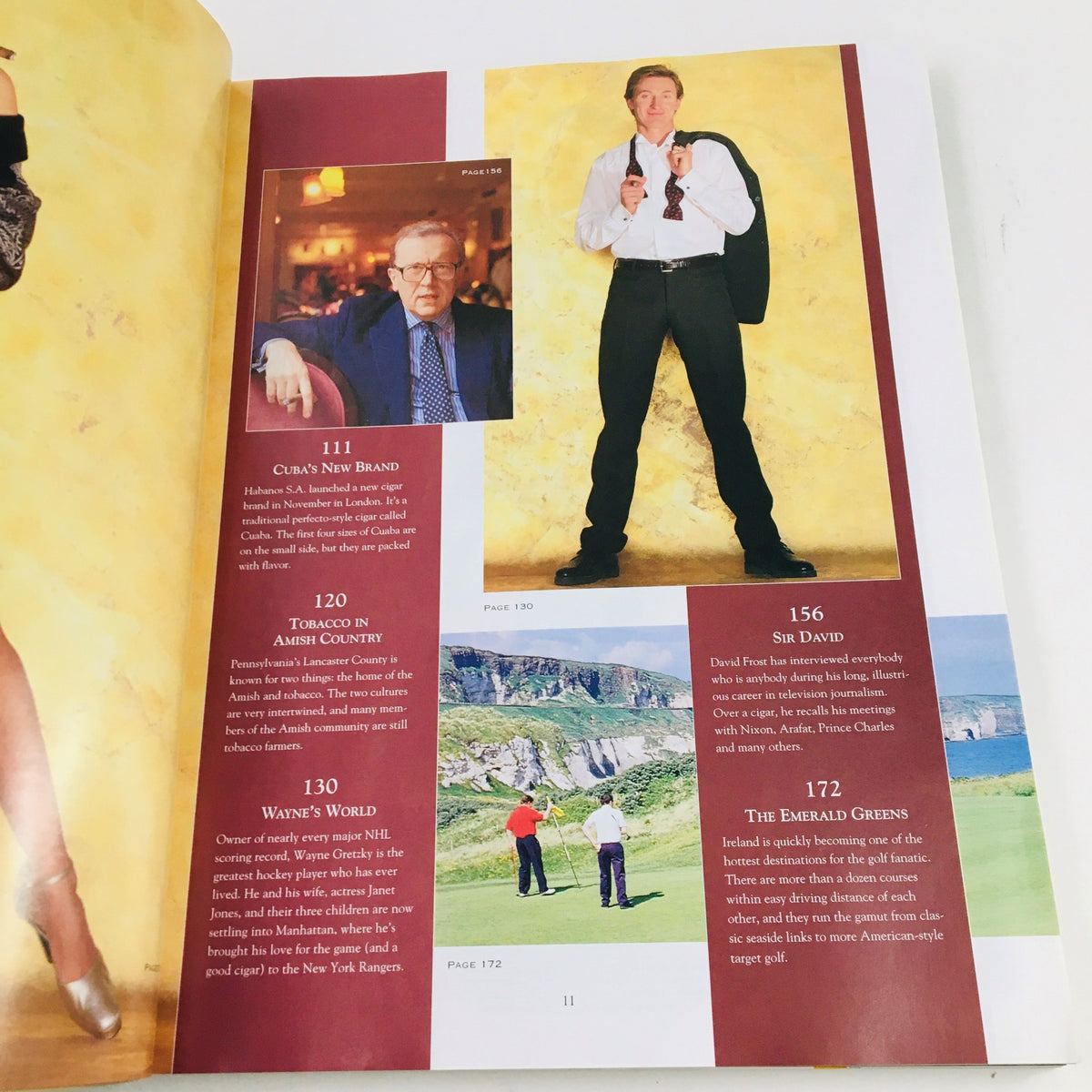 Interior pages from Cigar Aficionado Magazine March 1997 showcasing articles on cigar culture, including features on Cuba's new brand, tobacco in Amish country, and Wayne Gretzky's connection to cigars.