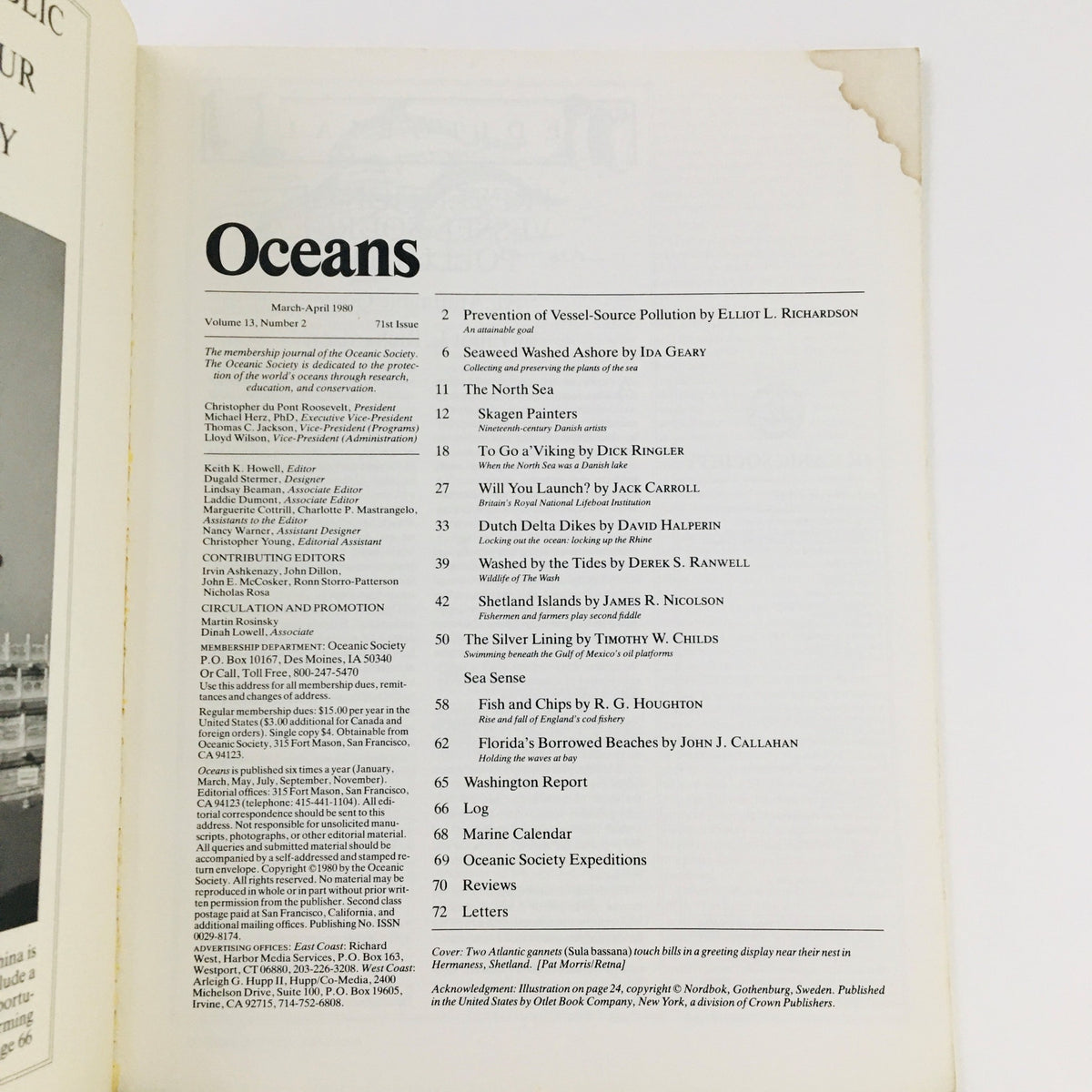 Contents page of Oceans Magazine March 1980, Vol 13 No. 2 showcasing articles and topics related to marine exploration.