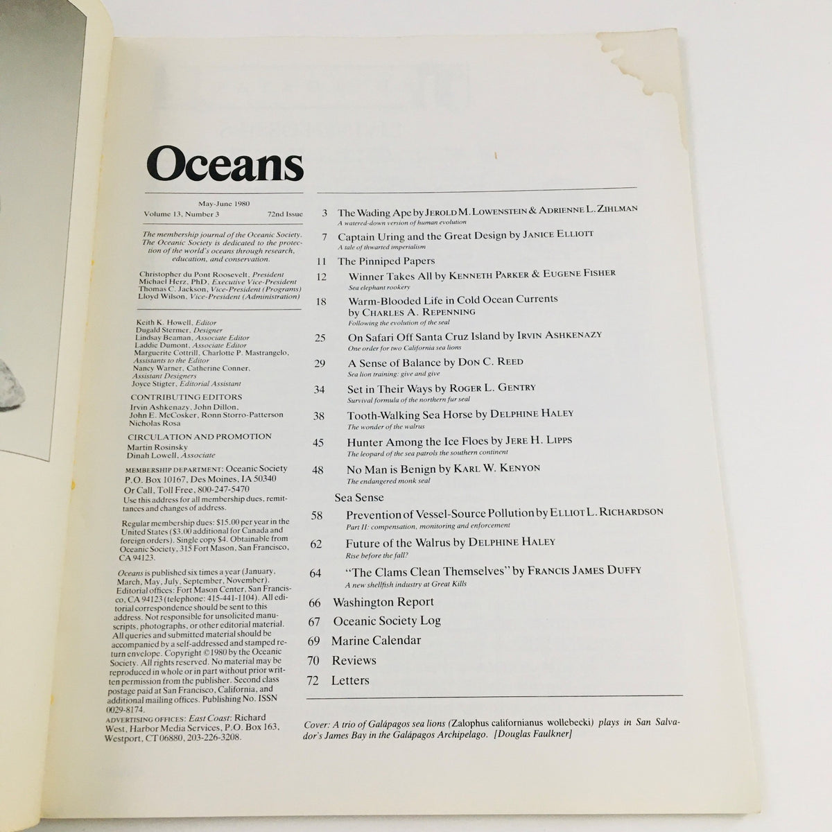 Table of contents from Oceans Magazine May 1980, Vol 13 No. 3, detailing various articles related to marine ecology and conservation.