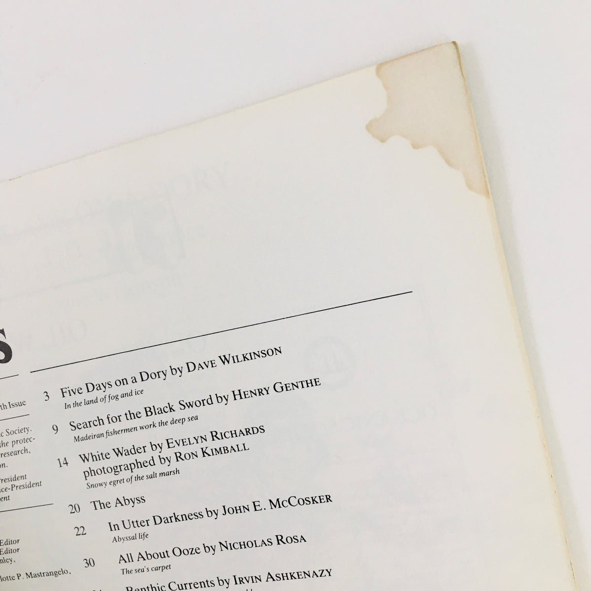 Close-up of an index page from Oceans Magazine November 1979 Vol 12 No. 6 listing various articles, including titles like 'Five Days on a Dory' and 'The Abyss'.
